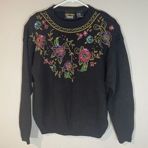 Vintage Trimmings Black Beaded Sequin Holiday Sweater Sz‎ L Floral Gold Glam
